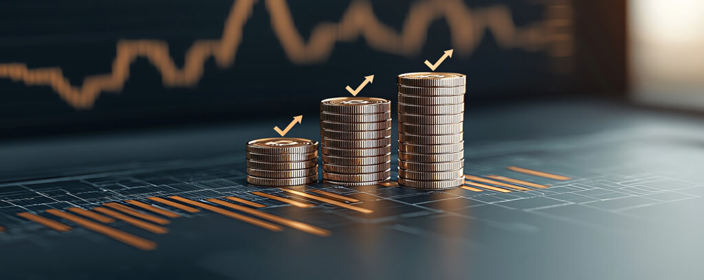 Stacks of coins rising against a financial graph, symbolizing growth and investment success in a modern economy.