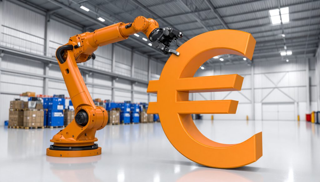 Firefly Orangener Industrieroboter in Fertigungshalle kombiniert mit Euro Zeichen 379058